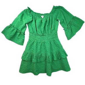 Le Lis Green Gingham Seersucker Smocked Tiered Mini Dress L NEW st patty's day
